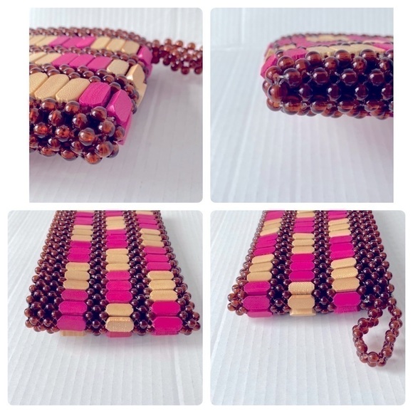 HANDMADE Wood & Bead African Inspired Wallet Brown Pink & Tan\Natural Unique - Picture 12 of 16